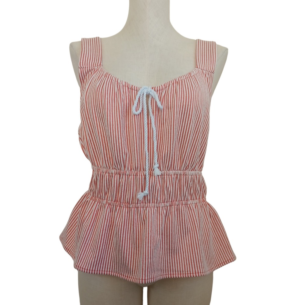 LOFT Red White Stripe Square Neck Peplum Tank Top Womens Size L NEW